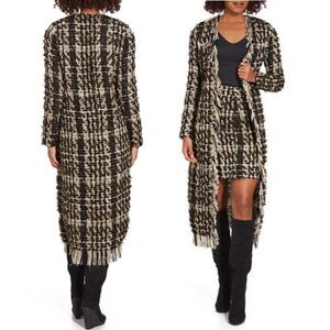 NEW Boston Proper Tweed Duster & Skirt Set Black Tan Gold Fringe Size Large | 14